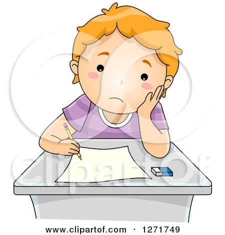 Clipart of a Sad Red Haired White School Boy Taking a Test - Royalty Free Vector Illustration by BNP Design Studio