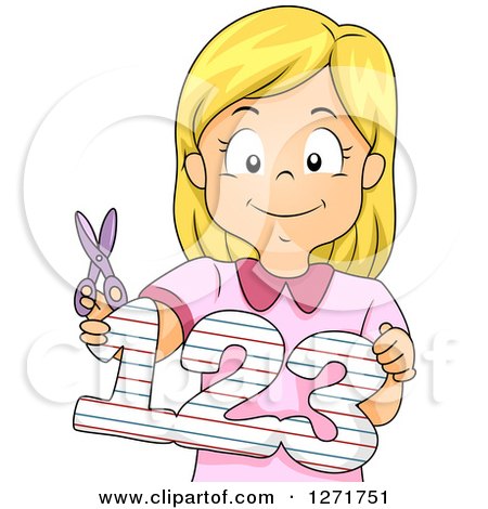 Clipart of a Blond White School Girl Holding Cut out Numbers - Royalty Free Vector Illustration by BNP Design Studio