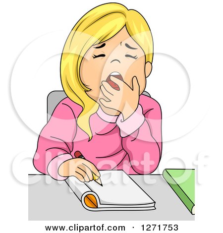 Clipart of a Tired Blond White School Girl Yawning While Writing at Her Desk - Royalty Free Vector Illustration by BNP Design Studio