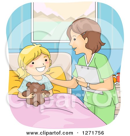 Clipart of a Friendly White Female Nurse Tending to a Blond Hospital Patient Girl - Royalty Free Vector Illustration by BNP Design Studio
