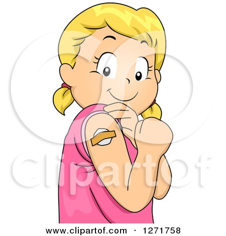 Clipart of a Proud Blond White Girl Showing a Bandage over Where She Was Just Vaccinated - Royalty Free Vector Illustration by BNP Design Studio