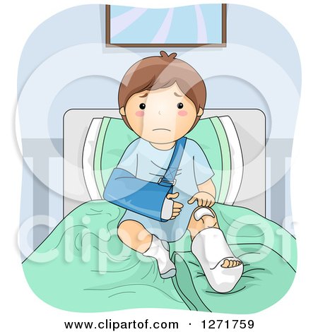 Clipart of a Sad Brunette White Boy with a Sling and Cast in a Hospital Bed - Royalty Free Vector Illustration by BNP Design Studio