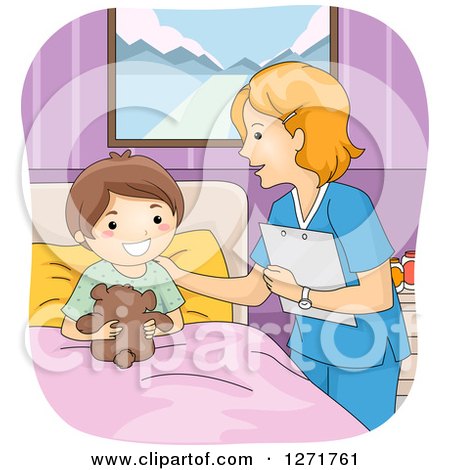 Clipart of a Friendly Female White Nurse Talking to a Happy Hospital Patient Boy - Royalty Free Vector Illustration by BNP Design Studio
