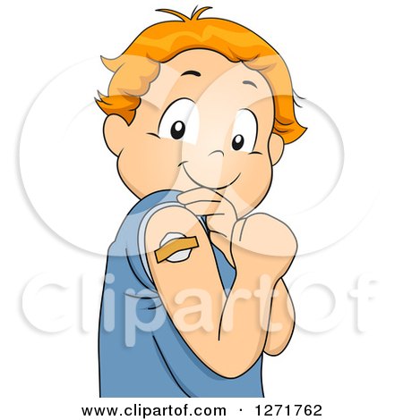 Clipart of a Red Haired White Boy Showing off a Bandage over a Vaccine Spot - Royalty Free Vector Illustration by BNP Design Studio