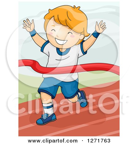 Clipart of a Successful Red Haired White Boy Breaking Through a Winner Ribbon on a Race Track - Royalty Free Vector Illustration by BNP Design Studio