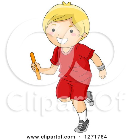 Clipart of a Happy Blond White Boy Running with a Baton in a Relay Race - Royalty Free Vector Illustration by BNP Design Studio