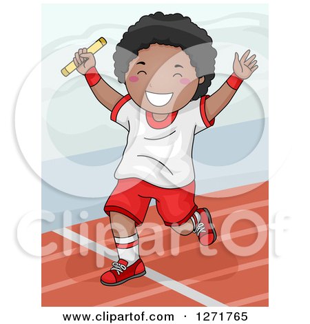 Clipart of a Successful Black Boy Winning a Relay Race - Royalty Free Vector Illustration by BNP Design Studio
