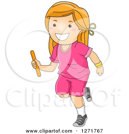 Clipart of a Happy Red Haired Girl Running a Relay Race with a Baton - Royalty Free Vector Illustration by BNP Design Studio