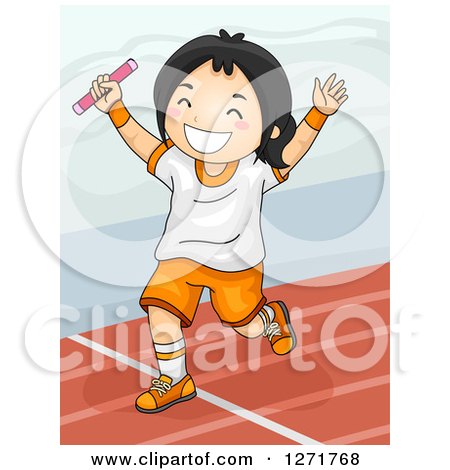 Clipart of a Happy Asian Girl Winning a Baton Relay Race - Royalty Free Vector Illustration by BNP Design Studio