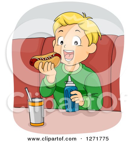 Clipart of a Happy Blond Haired White Boy Eating a Hot Dog - Royalty Free Vector Illustration by BNP Design Studio