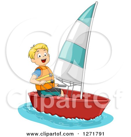 Clipart of a Blond Caucasian Boy Sailing a Boat - Royalty Free Vector Illustration by BNP Design Studio