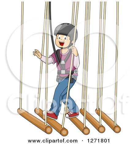 Clipart of a Happy White Boy in a Safety Harness, Crossing a Suspended Bamboo Bridge - Royalty Free Vector Illustration by BNP Design Studio