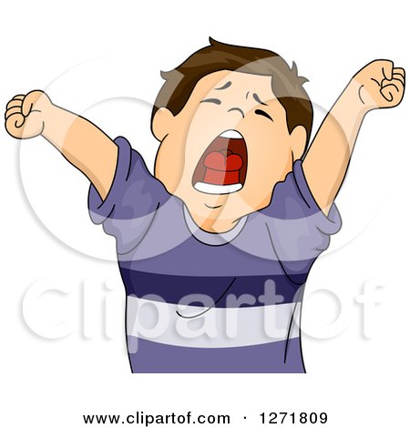 Clipart of a Tired Brunette White Boy Stretching and Yawning - Royalty Free Vector Illustration by BNP Design Studio
