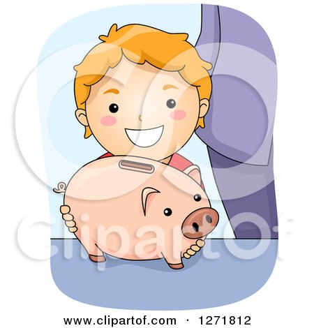 Clipart of a Happy Red Haired White Boy with a Piggy Bank - Royalty Free Vector Illustration by BNP Design Studio