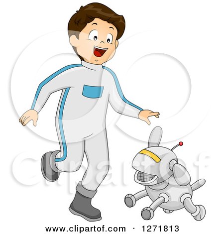Clipart of a Futuristic Happy Brunette Caucasian Boy Walking with a Robot Dog - Royalty Free Vector Illustration by BNP Design Studio