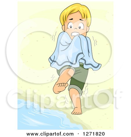 Clipart of a Shivering Blond Caucasian Boy on a Beach - Royalty Free Vector Illustration by BNP Design Studio