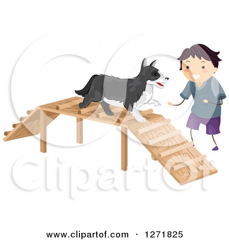 Clipart of a Brunette Stick Boy Cheering on His Dog on an Agility Ramp Course - Royalty Free Vector Illustration by BNP Design Studio