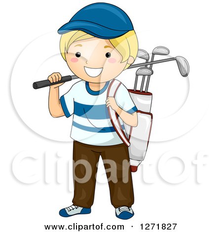 Clipart of a Happy Blond White Boy with a Golf Bag - Royalty Free Vector Illustration by BNP Design Studio