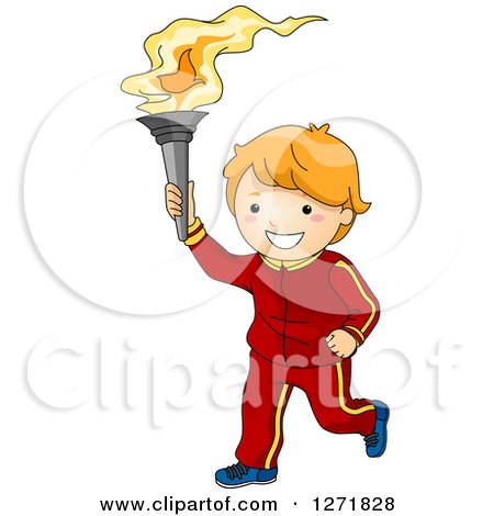 Clipart of a Happy Sporty Red Haired White Boy Bearing a Torch - Royalty Free Vector Illustration by BNP Design Studio