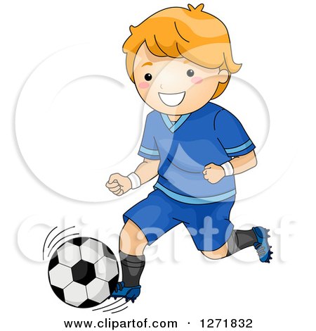 Clipart of a Red Haired White Boy Kicking a Soccer Ball - Royalty Free Vector Illustration by BNP Design Studio
