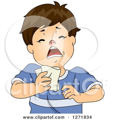 Clipart of a Brunette White Boy Sneezing from Alleriges - Royalty Free Vector Illustration by BNP Design Studio