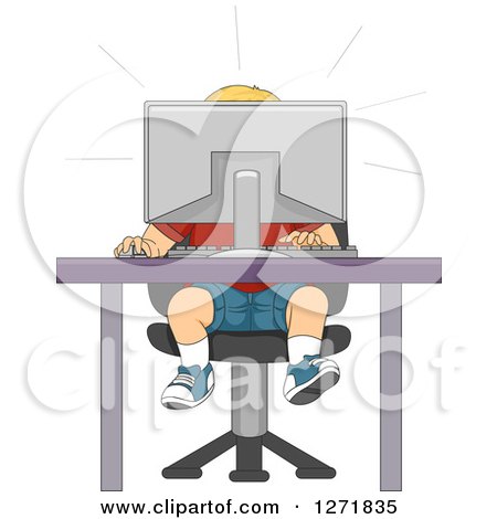 Clipart of a Shocked Blond White Boy Behind a Desktop Computer - Royalty Free Vector Illustration by BNP Design Studio