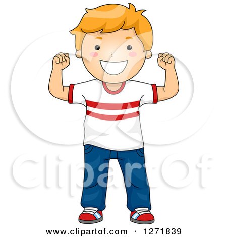 Clipart of a Strong Red Haired White Boy Flexing His Arms - Royalty Free Vector Illustration by BNP Design Studio