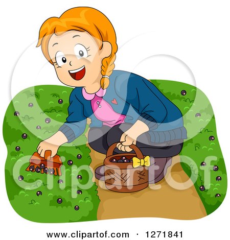Clipart of a Happy Red Haired White Girl Picking Ground Berries - Royalty Free Vector Illustration by BNP Design Studio