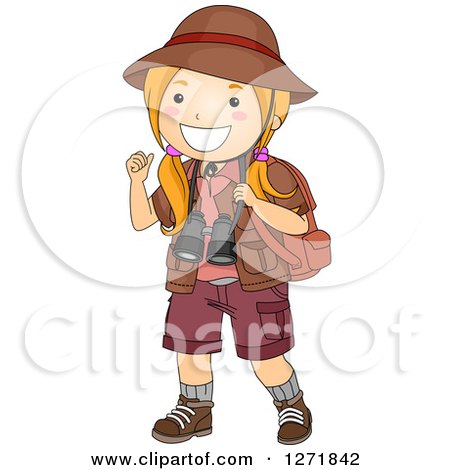 Clipart of a Happy Red Haired White Safari Girl Gesturing over Her Shoulder - Royalty Free Vector Illustration by BNP Design Studio