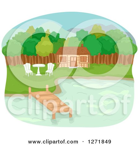 Clipart of a Lake Front Cabin with a Dock, Table and Chairs - Royalty Free Vector Illustration by BNP Design Studio