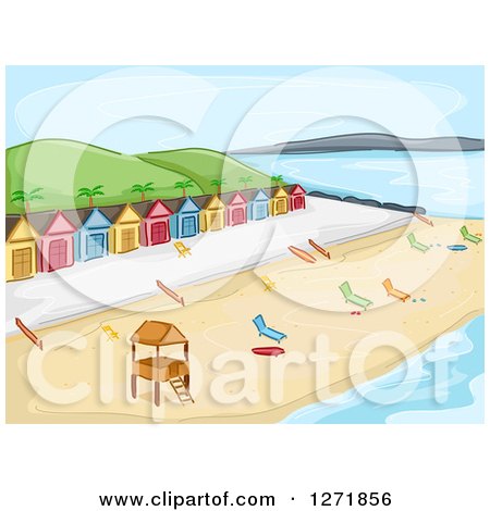 Clipart of a Beach with a Lifeguard Stand, Chaise Lounges and Cabins - Royalty Free Vector Illustration by BNP Design Studio