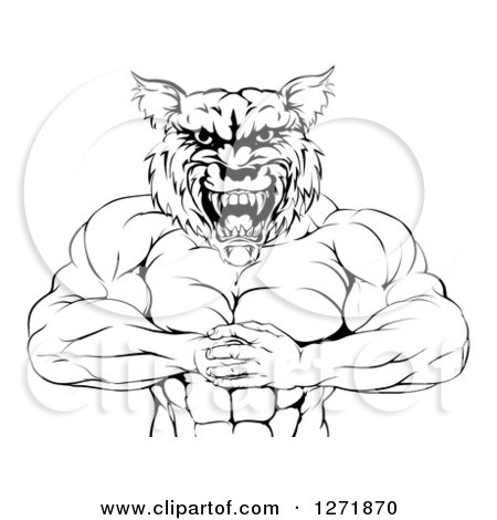Clipart of a Black and White Tough Muscular Wolf Man Punching His Fist into His Hand - Royalty Free Vector Illustration by AtStockIllustration