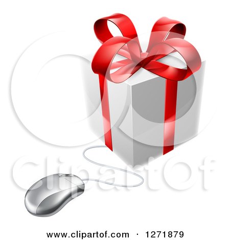 Clipart of a 3d Gift Box with a Red Bow Wired to a Computer Mouse - Royalty Free Vector Illustration by AtStockIllustration