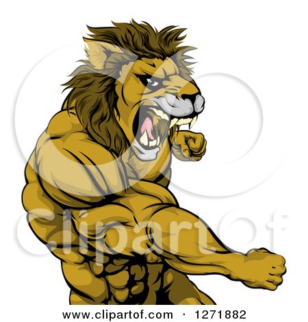 Clipart of a Tough Angry Muscular Lion Man Punching and Roaring - Royalty Free Vector Illustration by AtStockIllustration