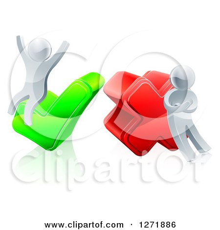 Clipart of 3d Right and Wrong Silver Men Cheering and Pouting with X and Check Marks - Royalty Free Vector Illustration by AtStockIllustration