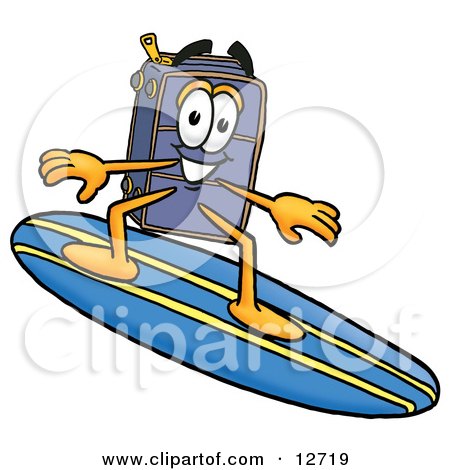 Clipart Picture of a Suitcase Cartoon Character Surfing on a Blue and Yellow Surfboard by Mascot Junction