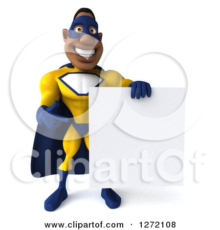 3d Black Super Hero Man in a Blue and Yellow Costume, Holding and