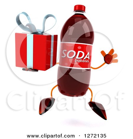 Clipart of a 3d Soda Bottle Character Jumping with a Gift - Royalty