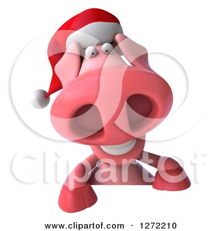 Clipart of a 3d Happy Christmas Pig Smiling over a Sign - Royalty Free Illustration by Julos