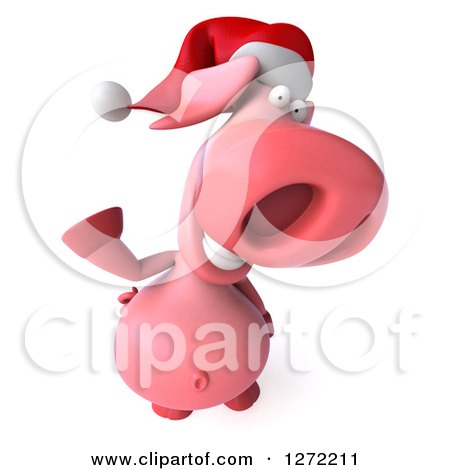 Clipart of a 3d Happy Christmas Pig Wearing a Santa Hat, Looking up and Waving - Royalty Free Illustration by Julos