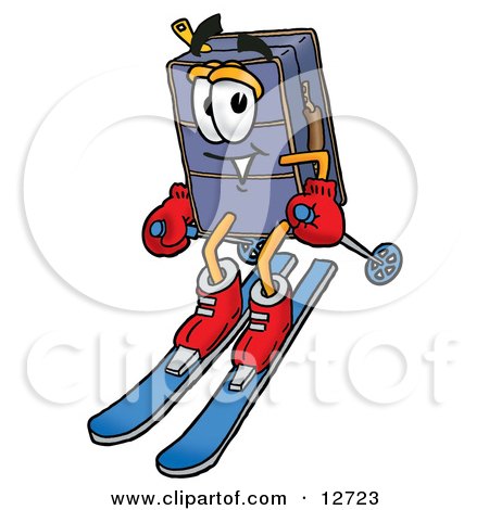 Clipart Picture of a Suitcase Cartoon Character Skiing Downhill by Mascot Junction
