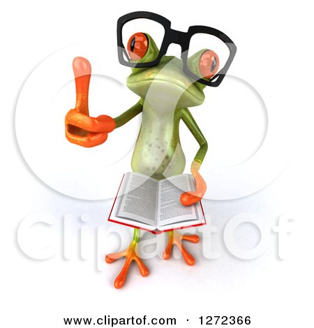 Clipart of a 3d Bespectacled Green Springer Frog Giving a Thumb up and Reading a Book - Royalty Free Illustration by Julos