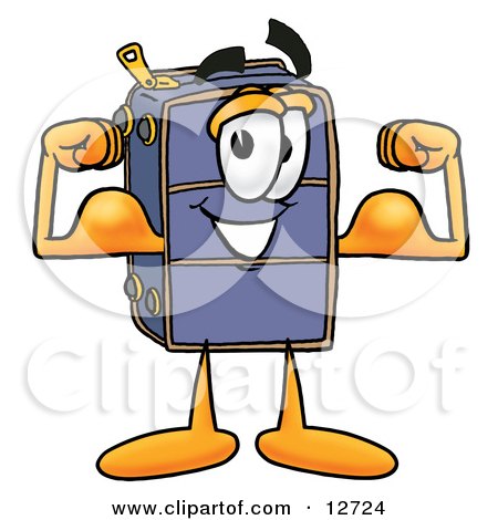 Clipart Picture of a Suitcase Cartoon Character Flexing His Arm Muscles by Mascot Junction