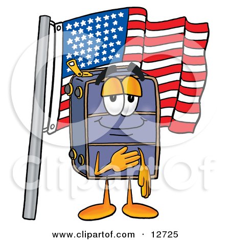 Clipart Picture of a Suitcase Cartoon Character Pledging Allegiance to an American Flag by Mascot Junction