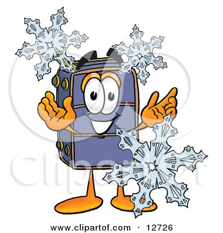 Clipart Picture of a Suitcase Cartoon Character With Three Snowflakes in Winter by Mascot Junction