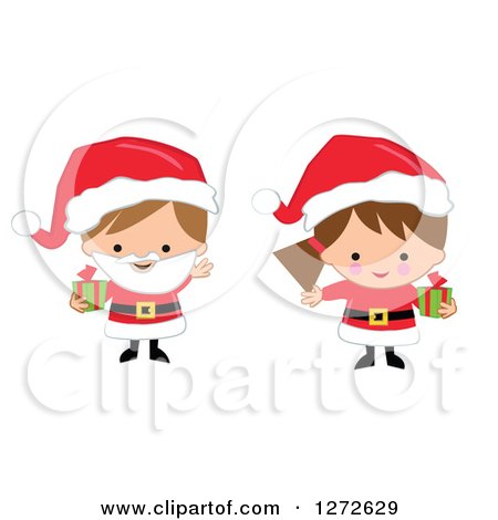 Clipart of Caucasian Christmas Children Wearing Santa Suits and Holding Gifts - Royalty Free Vector Illustration by peachidesigns