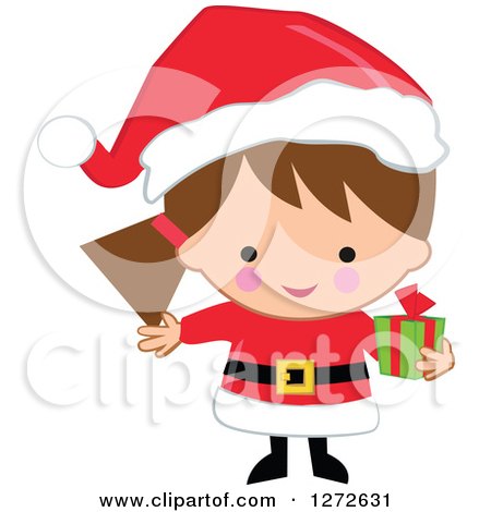 Clipart of a Caucasian Christmas Girl Wearing a Santa Suit and Holding a Gift - Royalty Free Vector Illustration by peachidesigns