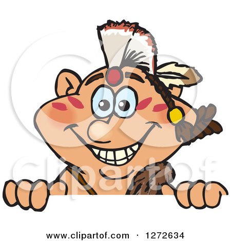 Clipart of a Happy Native American Indian Man Peeking over a Sign - Royalty Free Vector Illustration by Dennis Holmes Designs