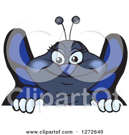Clipart of a Happy Blue Butterfly Peeking over a Sign - Royalty Free Vector Illustration by Dennis Holmes Designs
