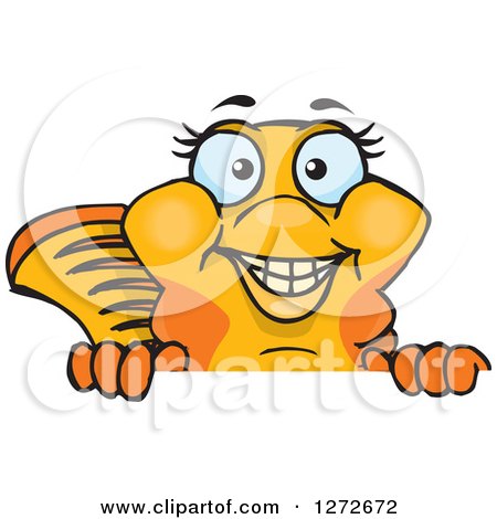 Clipart of a Happy Fancy Goldfish Peeking over a Sign - Royalty Free Vector Illustration by Dennis Holmes Designs